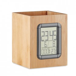 * Porte-stylo en bambou avec calendrier numérique, réveil et thermomètre