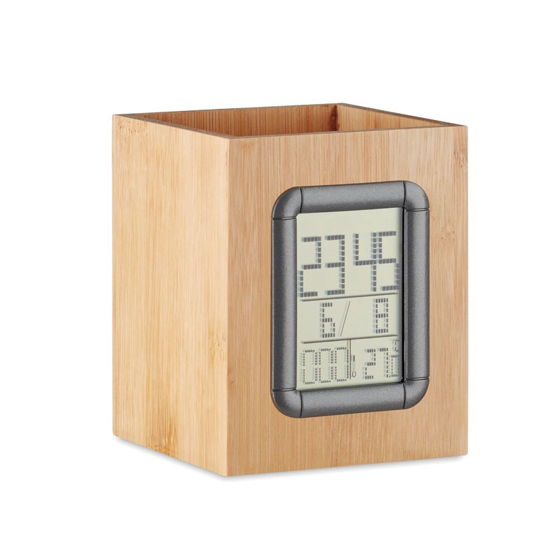* Porte-stylo en bambou avec calendrier numérique, réveil et thermomètre